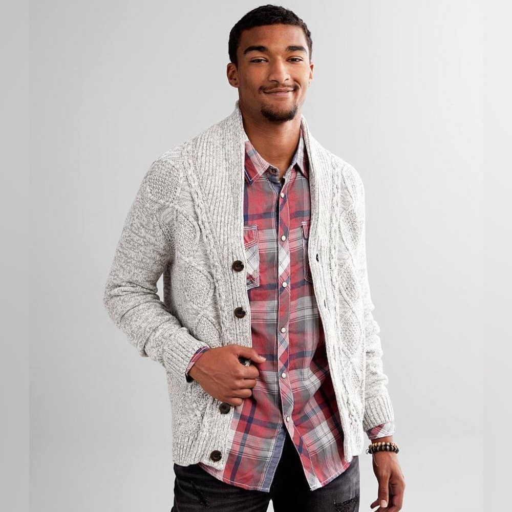 Trash Nouveau Cable Knit Shawl Cardigan Sweater Gray Men Size L Preppy